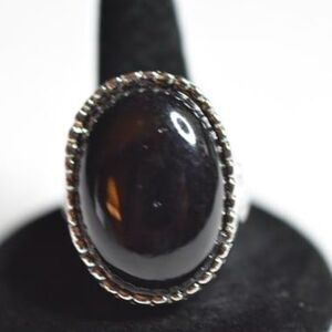 Gothic Black Glass Silver Tone Engraved Heart Renfest Size 10 Unisex Ring